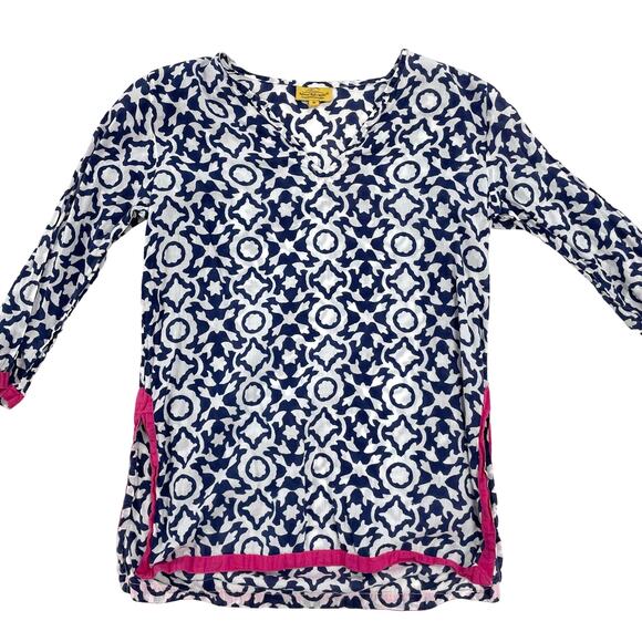 Roberta Roller Rabbit Girls Navy & White Geometric Print Pink Trim Top 8 - Picture 1 of 4